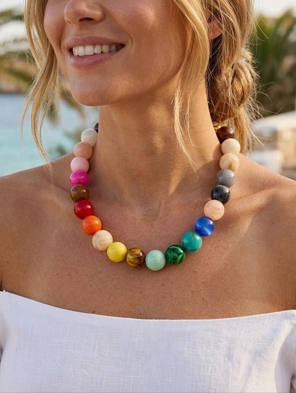 Multi Color Resin Bead Rainbow Statement Necklace Gold Chain - Picture 4 of 7
